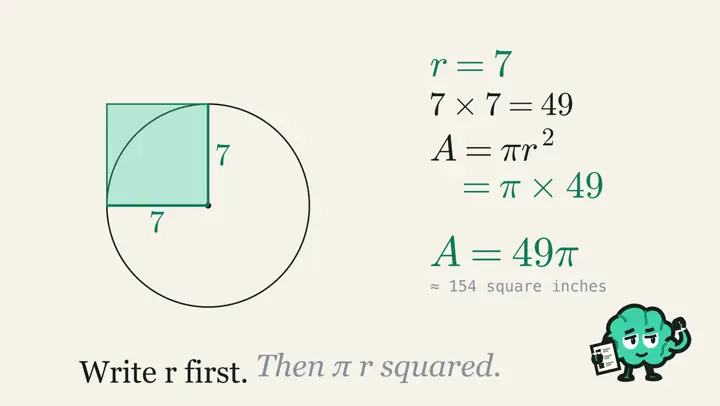 A lesson film, Radius first: a tabletop 14 inches across. Find the radius, 7, then area is pi r squared, 49 pi. The trap is squaring 14. Write r first, then pi r squared.
