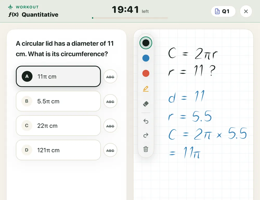 FocusHour on a tablet: a question about a circular lid, with handwritten working that first uses 11 as the radius, then fixes it to 5.5 and gets 11π.